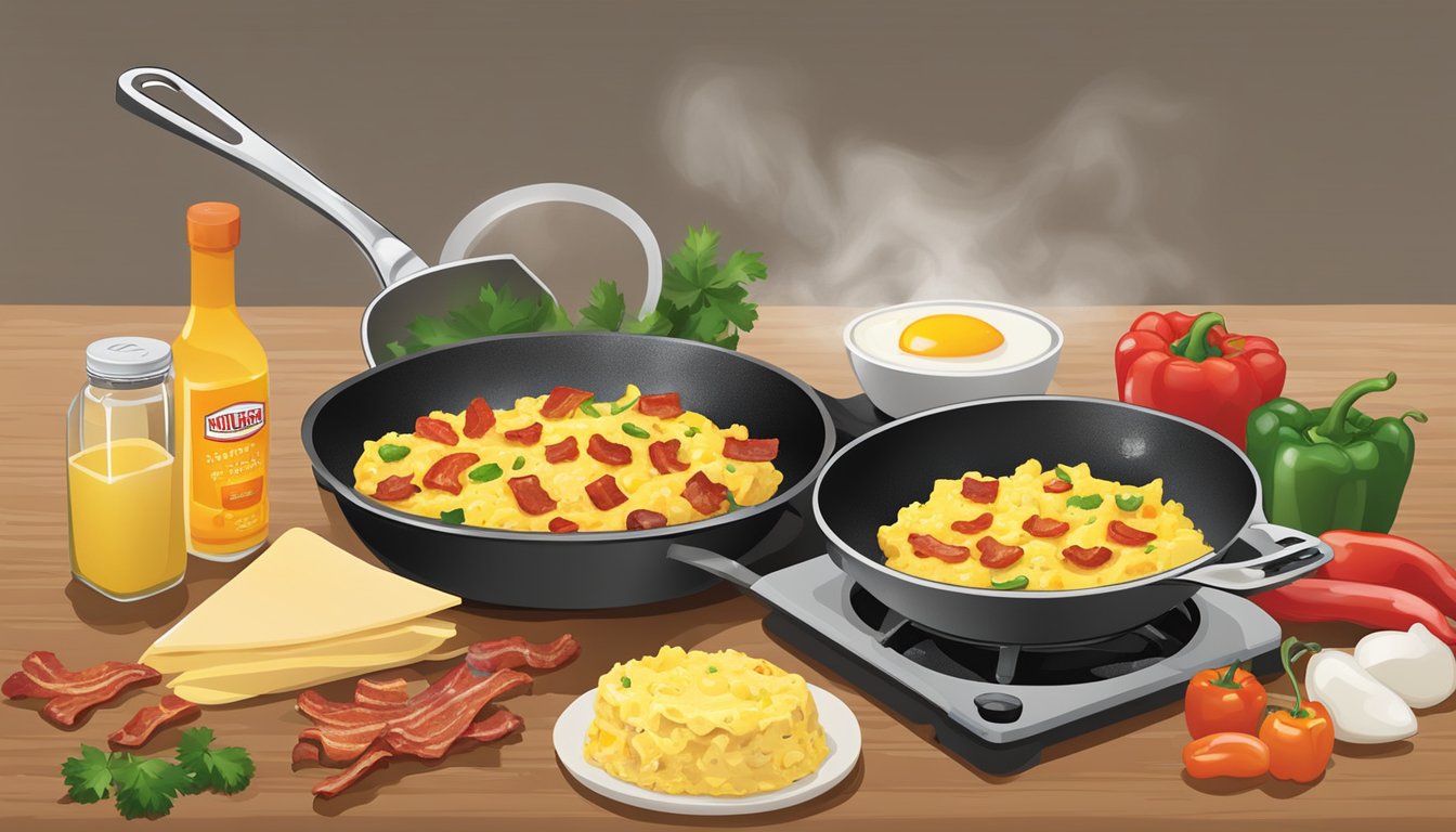 A sizzling skillet holds scrambled eggs, crispy bacon, and diced peppers. A tortilla is being filled and wrapped with the ingredients