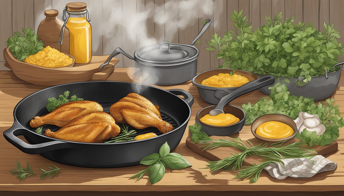 A rustic kitchen with a sizzling cast iron skillet filled with golden brown honey mustard chicken, surrounded by fresh herbs and spices