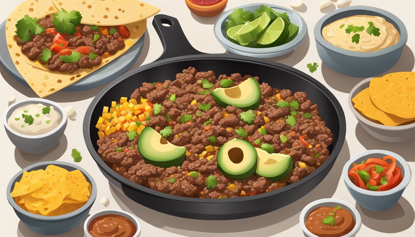 A colorful spread of fresh ingredients and sizzling ground beef on a sizzling skillet, surrounded by warm tortillas and traditional Tex-Mex sides