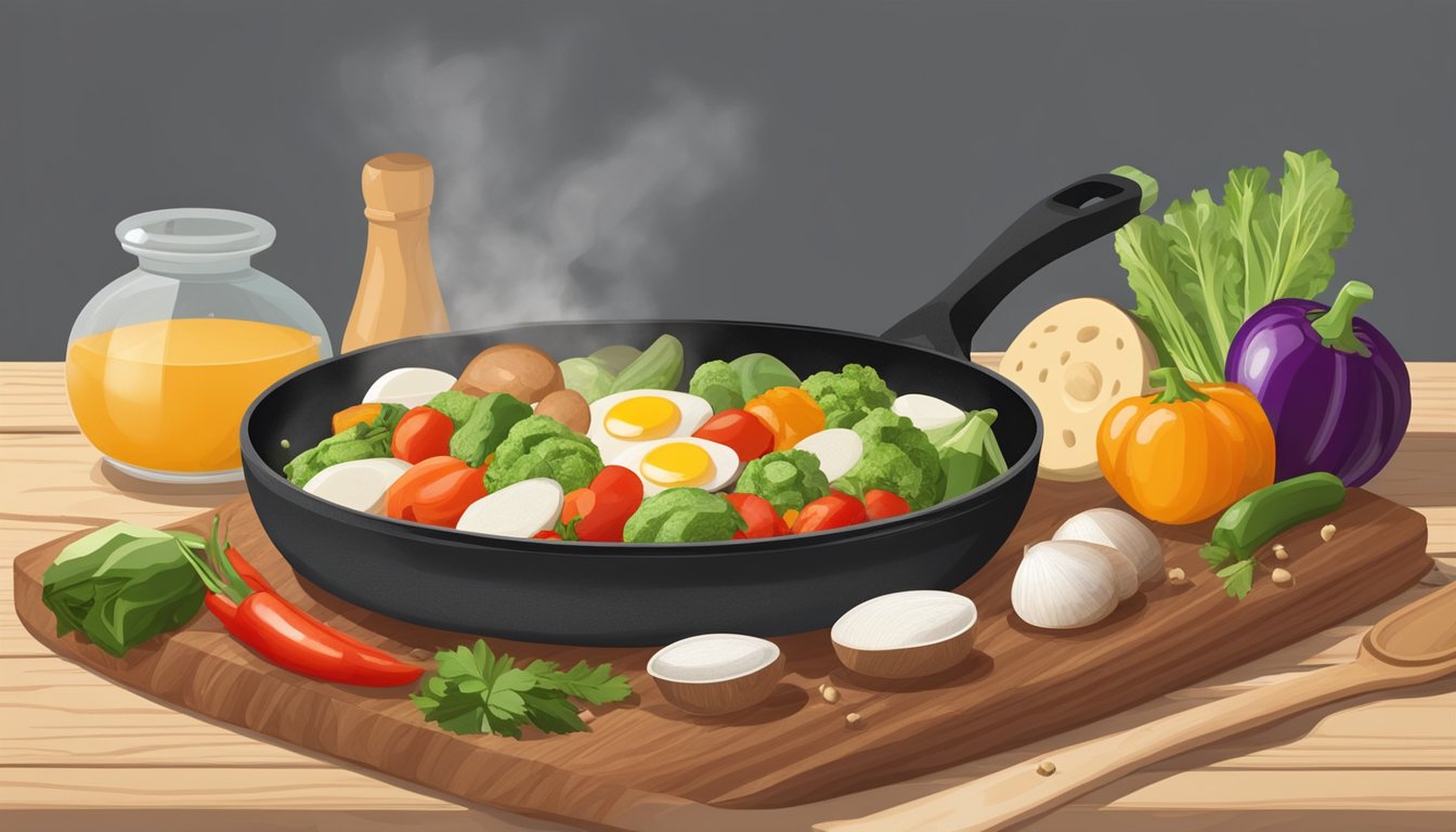 Fresh vegetables and spices laid out on a wooden cutting board, with a tortilla and eggs nearby. A skillet sizzling on the stove