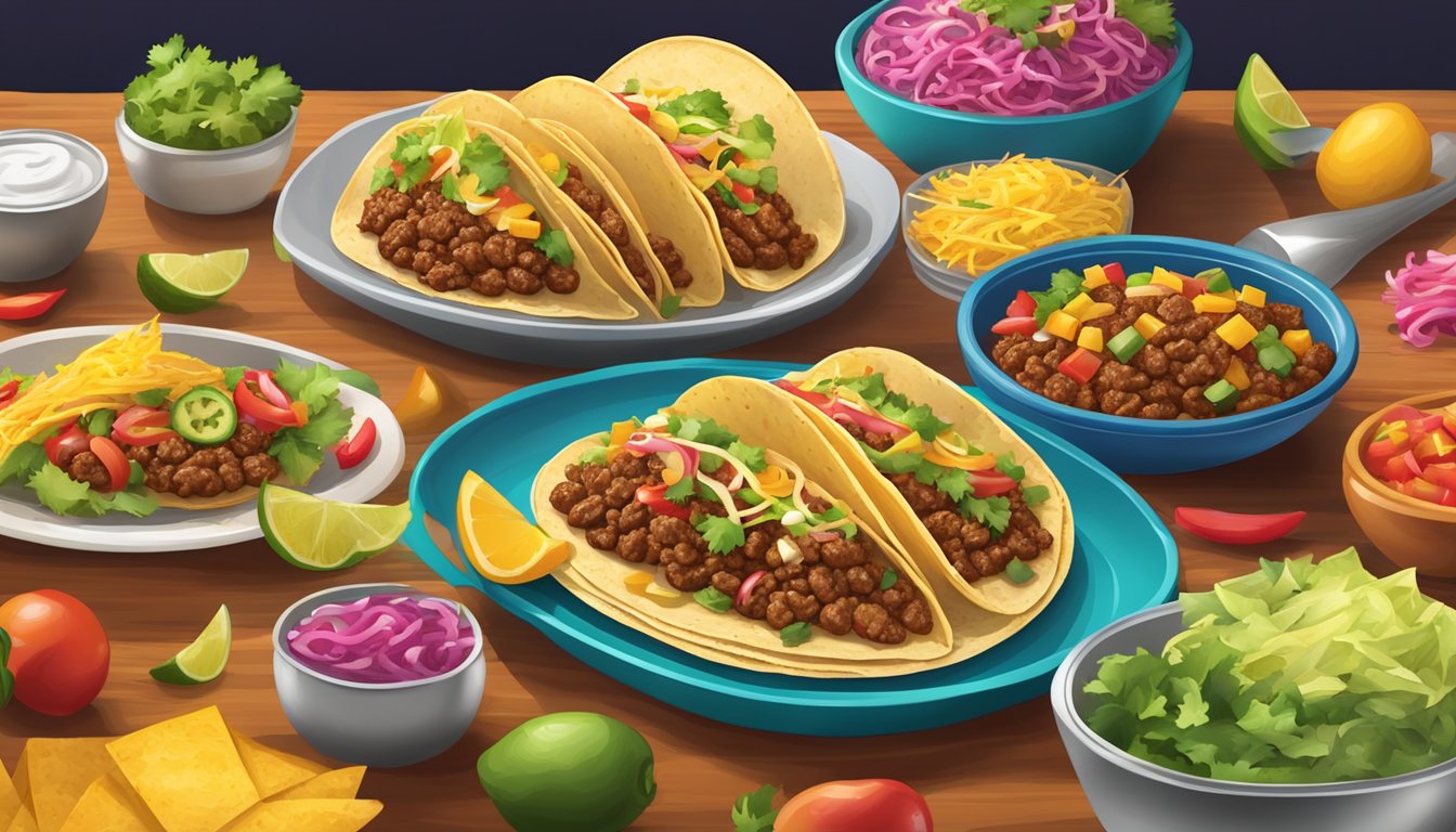 A colorful table set with Texas-style ground beef tacos, fresh toppings, and festive decorations for a lively taco night