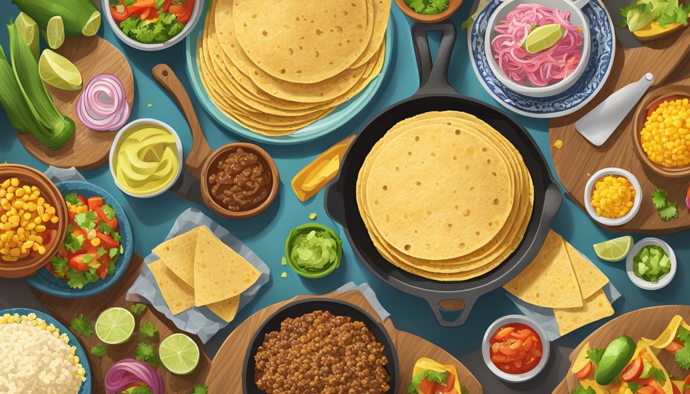 A colorful Texan kitchen counter with a stack of warm corn tortillas, a sizzling skillet of ground beef, and various toppings spread out for assembling tacos