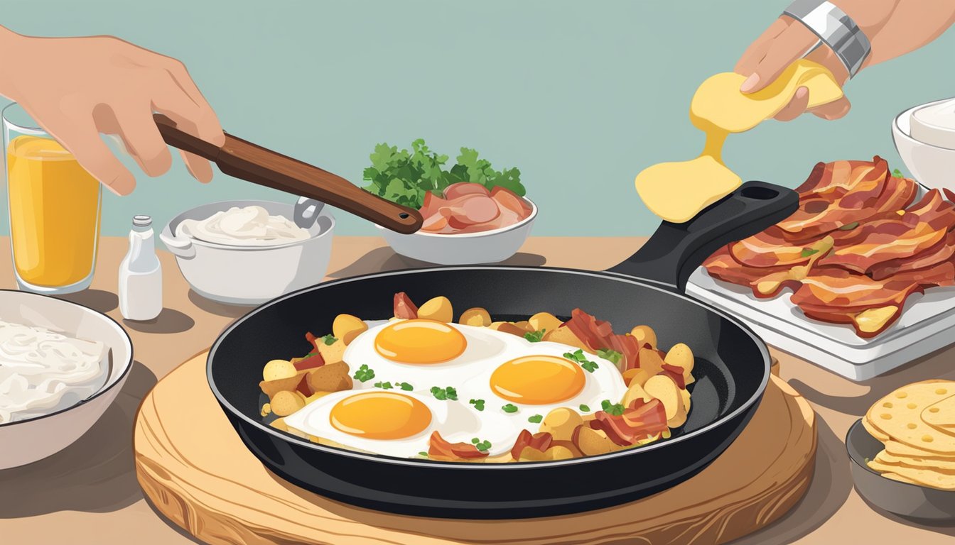 A hand holding a skillet with sizzling eggs, bacon, and potatoes. A tortilla being filled and rolled with the cooked ingredients