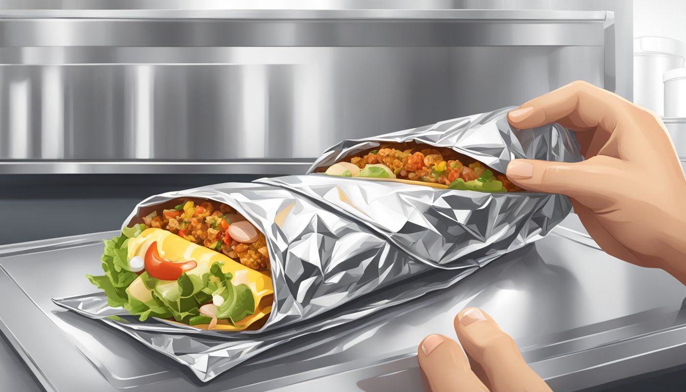 A person wraps a breakfast burrito in foil for storage