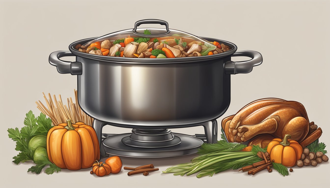 A large pot simmering on a stove, filled with turkey bones, vegetables, and aromatic spices, creating a rich and flavorful turkey stock for Thanksgiving cuisine