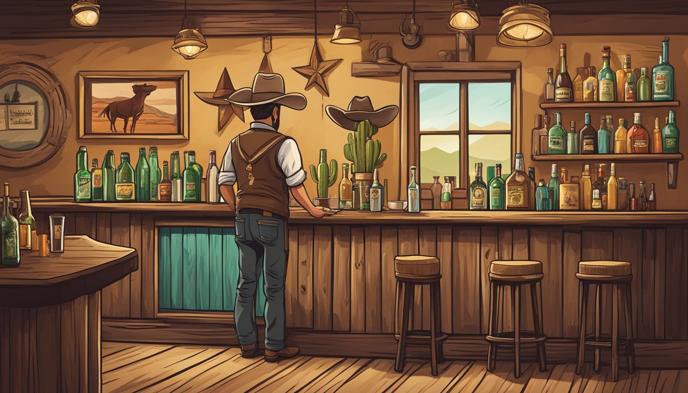 A rustic Texan bar with a cowboy hat hanging on the wall, a cactus in the corner, and a bartender shaking up a Texas-style Mexican martini