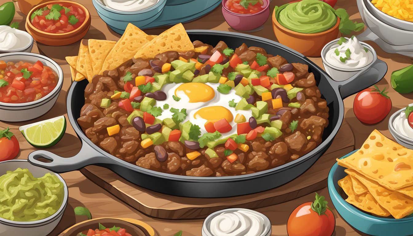 A sizzling skillet filled with seasoned beef, pinto beans, and melted cheese, surrounded by colorful toppings like salsa, guacamole, and sour cream