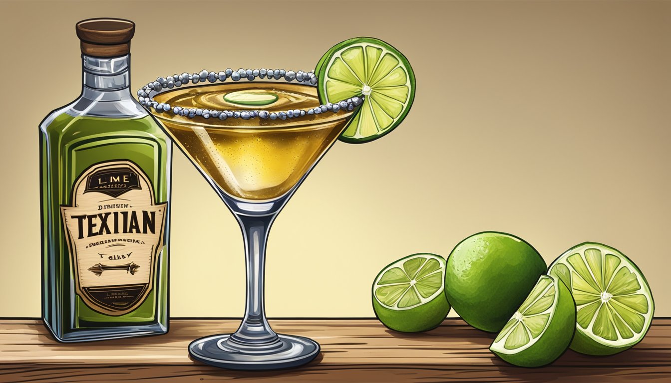 A rustic, Texan-themed bar setting with a classic Mexican martini served in a salt-rimmed glass, garnished with olives and a lime wedge