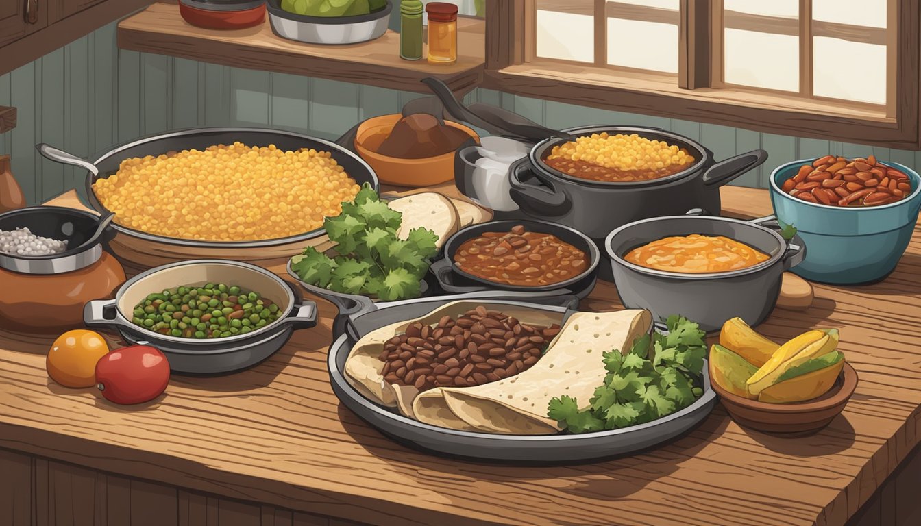 A rustic kitchen counter with ingredients laid out for a Texas-style beef and bean burrito. A skillet sizzles with cooked beef and beans