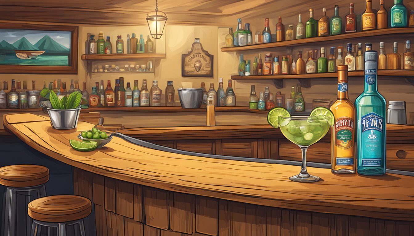 A rustic Texas bar setting with a classic Mexican martini cocktail being expertly prepared and served with a side of traditional Tex-Mex appetizers