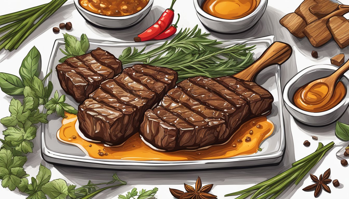 A sizzling steak tips sizzling on a grill, coated in a rich honey bourbon glaze, surrounded by vibrant herbs and spices