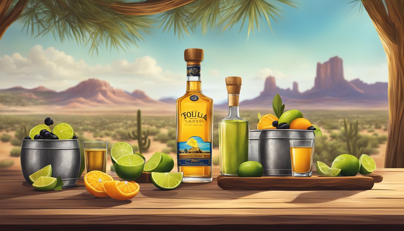 A rustic wooden bar with a colorful array of ingredients, including tequila, orange liqueur, lime juice, and olives, set against a backdrop of a Texas desert landscape