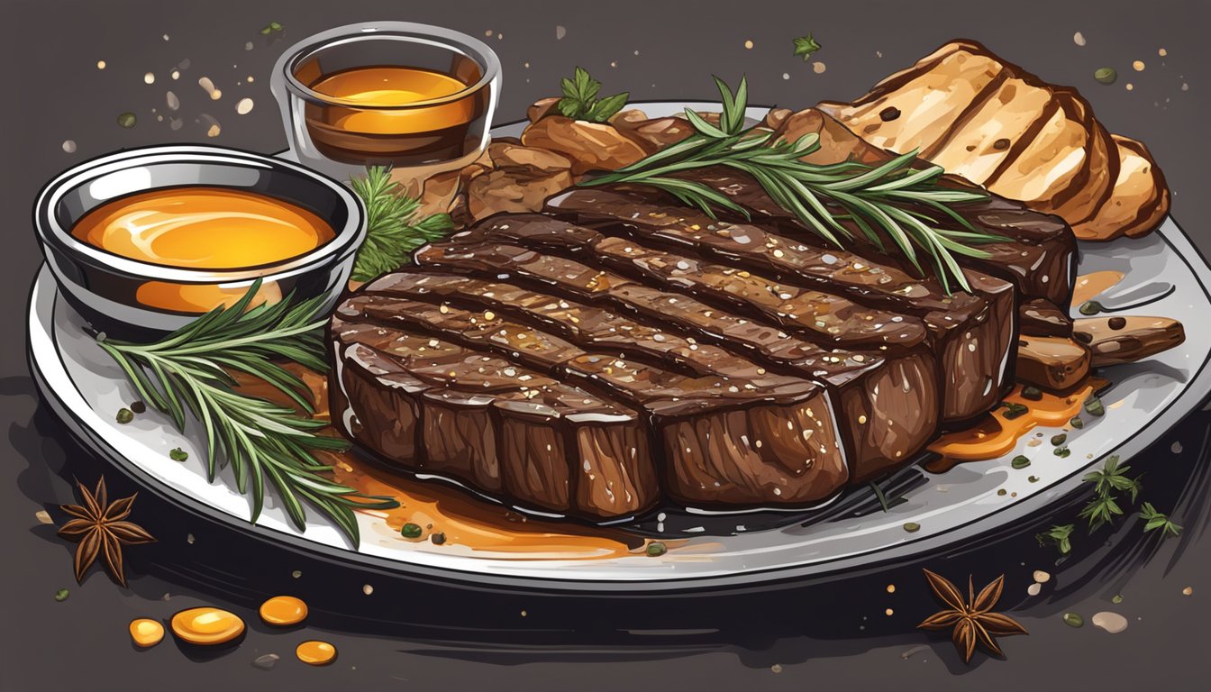 A sizzling steak tips sizzling on a grill, dripping with honey bourbon glaze, surrounded by aromatic herbs and spices