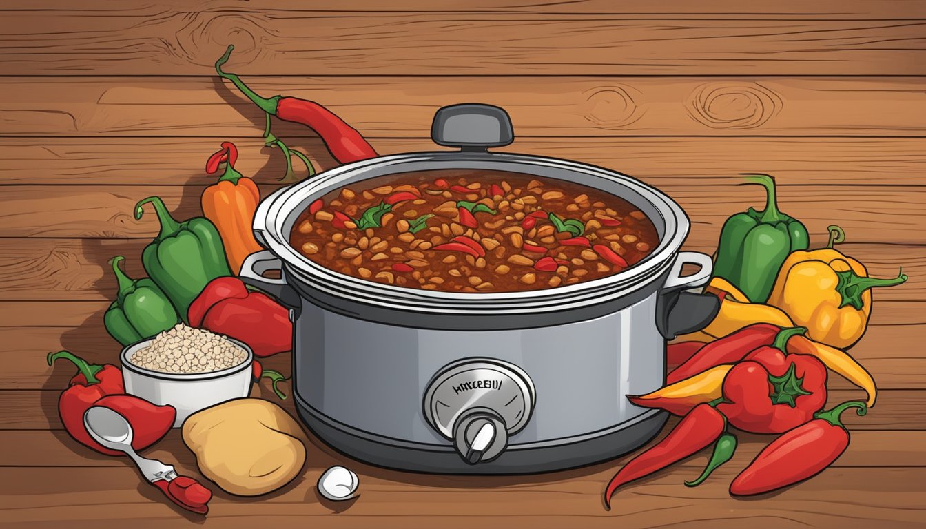 A bubbling crockpot filled with award-winning Texas-style turkey chili, surrounded by vibrant chili peppers and a rustic wooden spoon