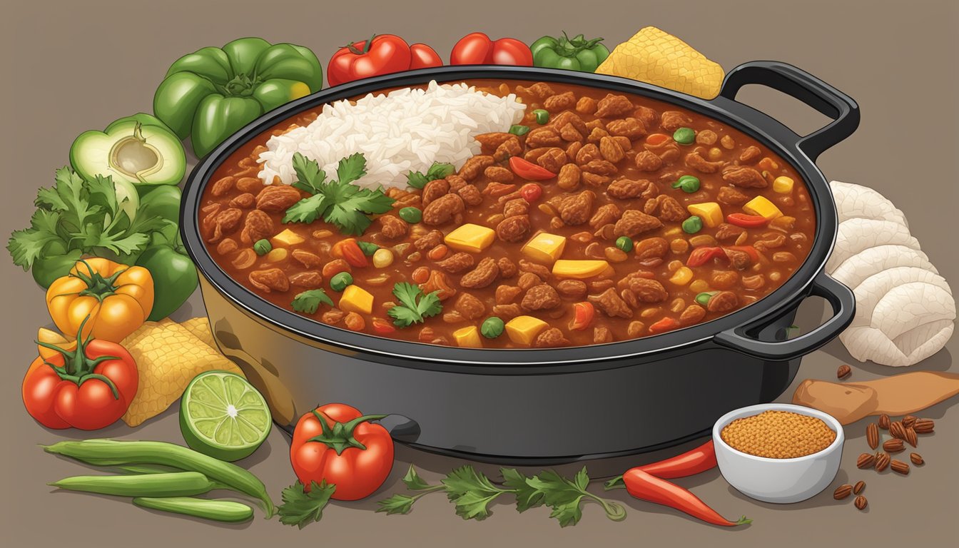 A crockpot filled with simmering Texas-style award-winning turkey chili, surrounded by fresh ingredients like tomatoes, onions, bell peppers, and spices