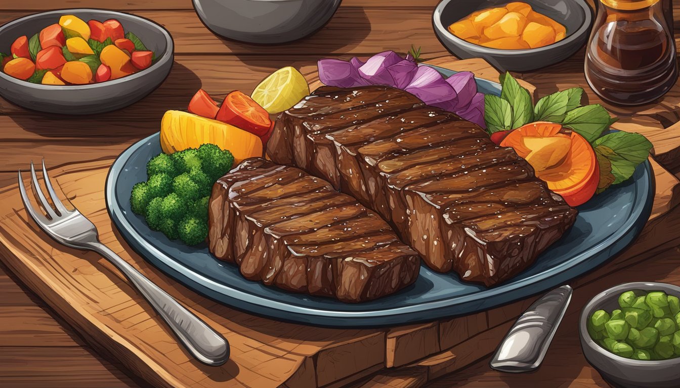 A sizzling steak tips dish coated in a rich, glossy honey bourbon glaze, surrounded by colorful sides and garnishes on a rustic wooden serving platter