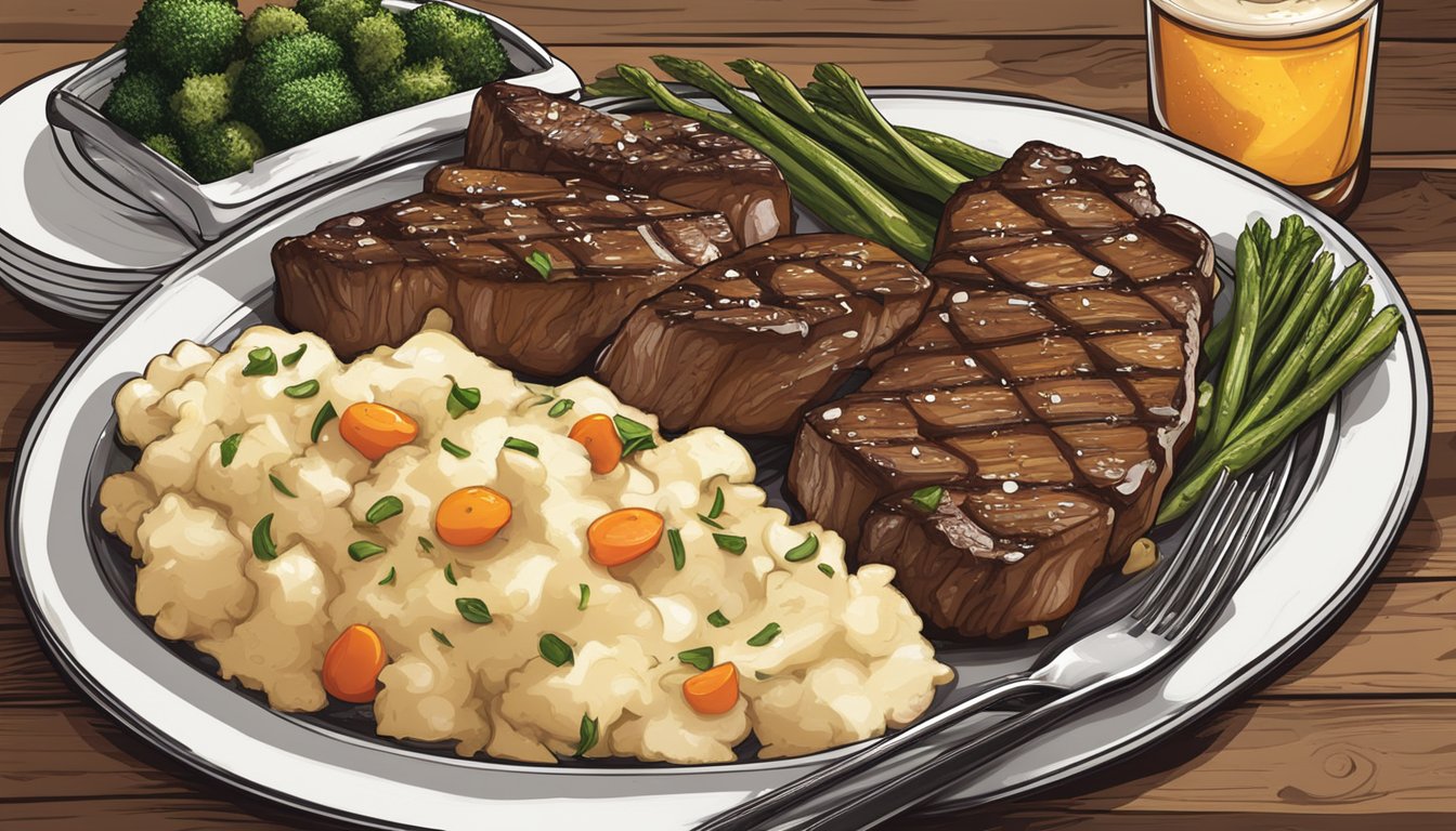 A sizzling skillet of honey bourbon glazed steak tips with a side of mashed potatoes and grilled vegetables on a rustic wooden table