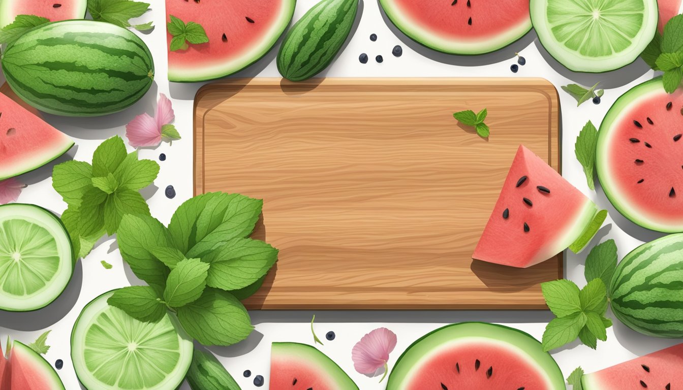 A wooden cutting board with sliced watermelon, cucumber, and mint leaves, surrounded by a scattering of ingredients