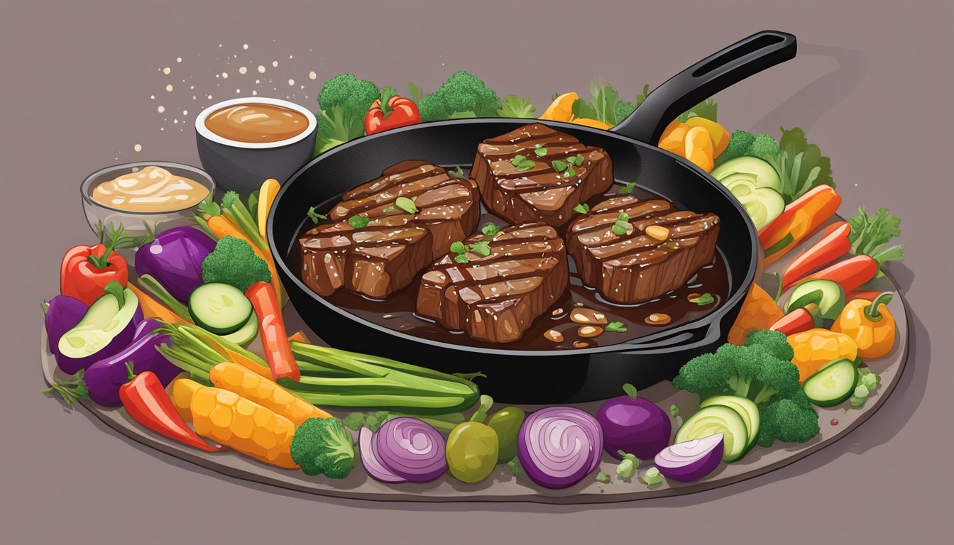 A sizzling skillet of honey bourbon glazed steak tips, surrounded by a medley of colorful vegetables and a drizzle of sauce