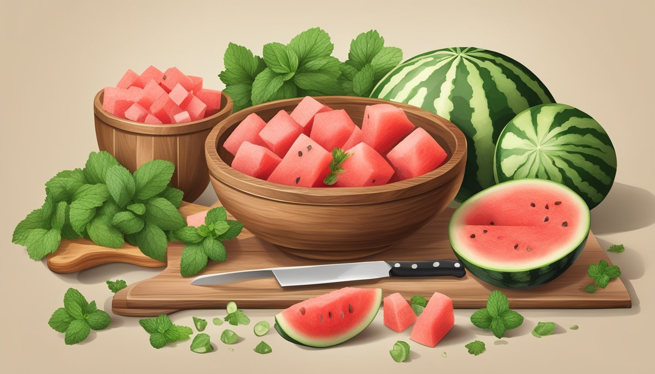 A rustic wooden table set with a large bowl of diced watermelon, cucumber, and mint, surrounded by ingredients and a chef's knife