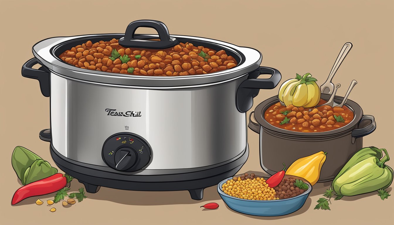 A bubbling crockpot filled with award-winning Texas-style turkey chili, surrounded by colorful spices and fresh ingredients