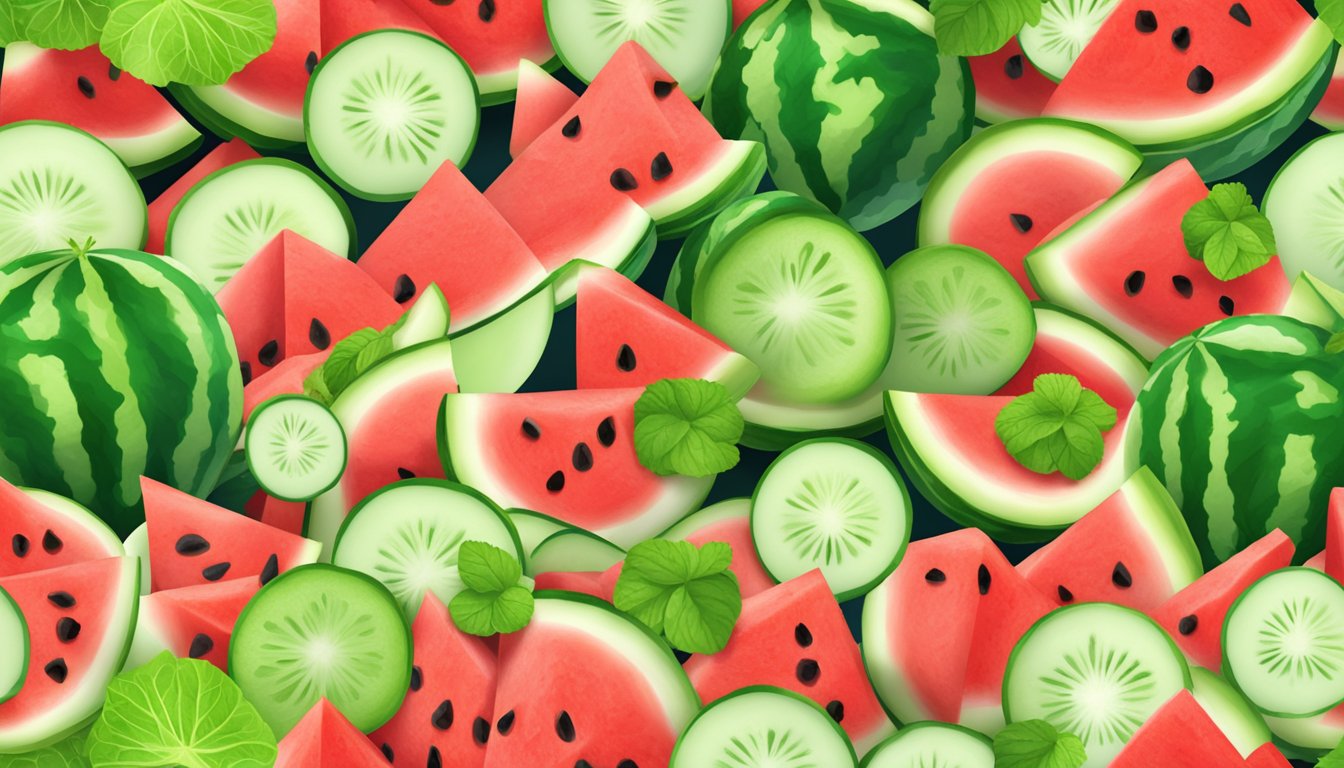 A vibrant bowl of diced watermelon and cucumber, mixed with fresh mint leaves, creating a refreshing and colorful salad