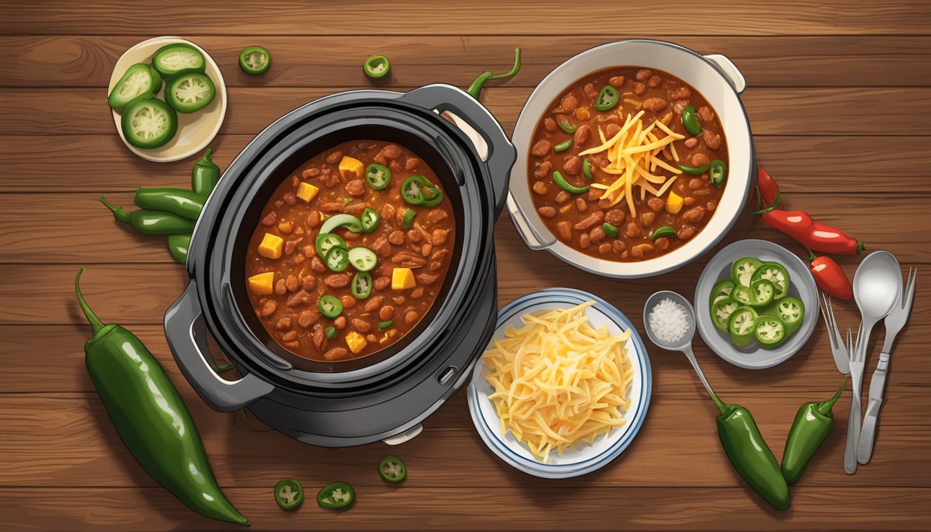 A crockpot filled with award-winning Texas-style turkey chili, garnished with shredded cheese and sliced jalapenos, sits on a rustic wooden table