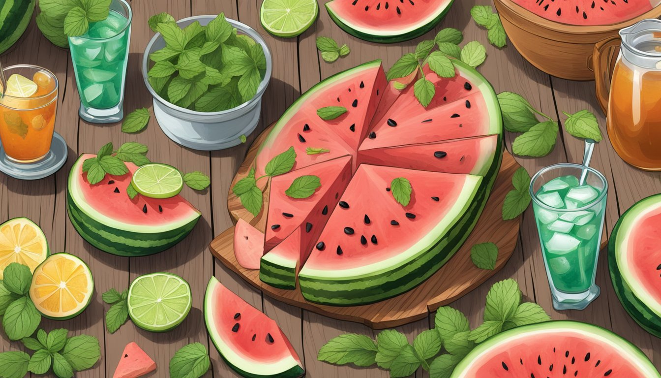 A rustic wooden table set with a vibrant Texas-style watermelon cucumber mint salad, surrounded by fresh ingredients and a pitcher of iced tea