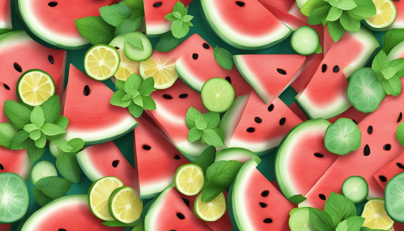 A wooden cutting board with sliced watermelon, cucumber, and mint leaves arranged in a colorful pattern