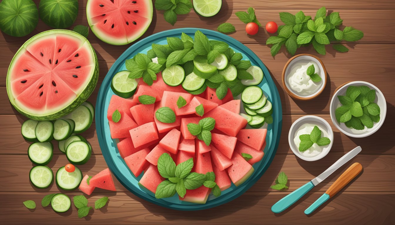 A rustic wooden table displays a vibrant Texas-style watermelon cucumber mint salad, with ingredients arranged in a colorful and appetizing composition