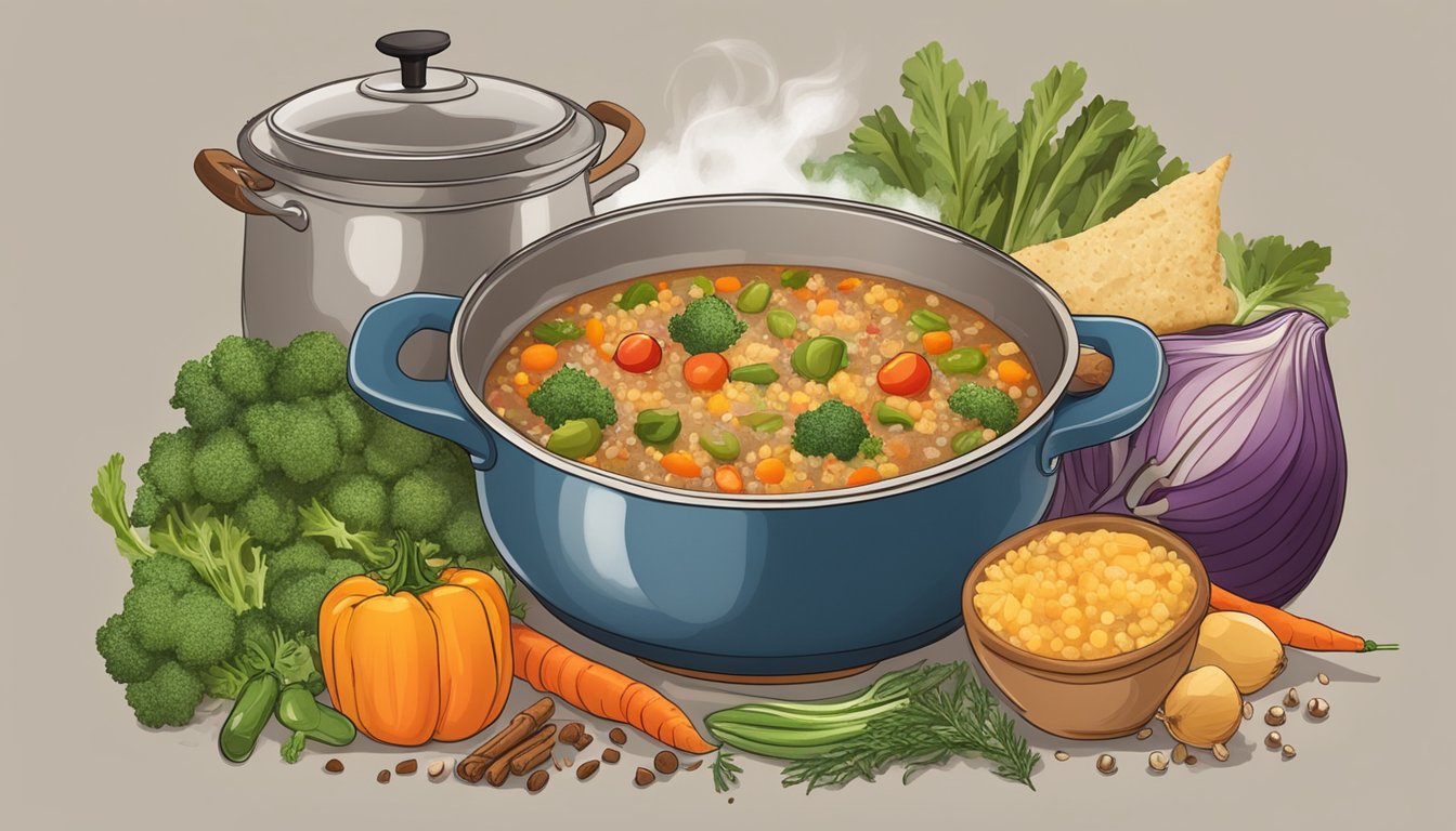 A steaming pot of Texas-style vegetable quinoa soup simmers on a rustic stovetop, surrounded by colorful ingredients and a sprinkle of spices