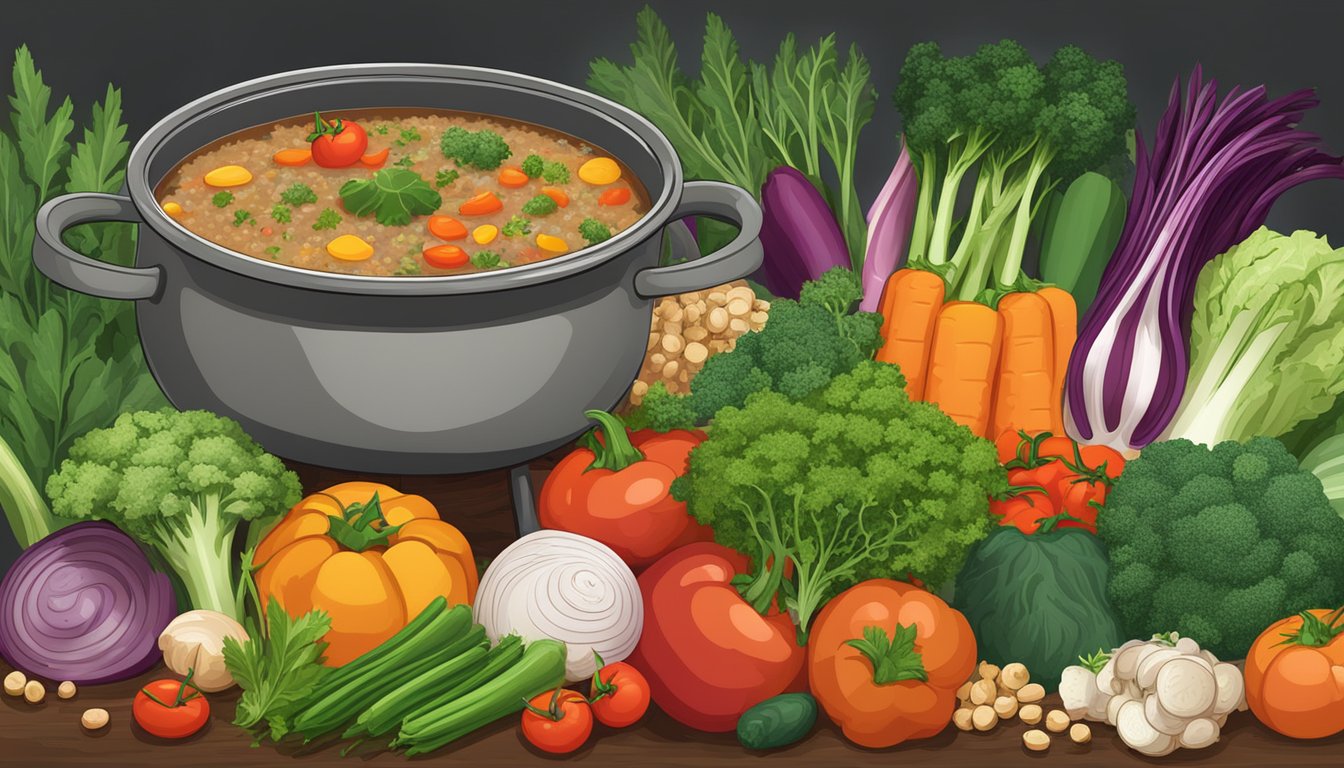 A steaming pot of Texas-style vegetable quinoa soup surrounded by fresh, colorful vegetables and herbs