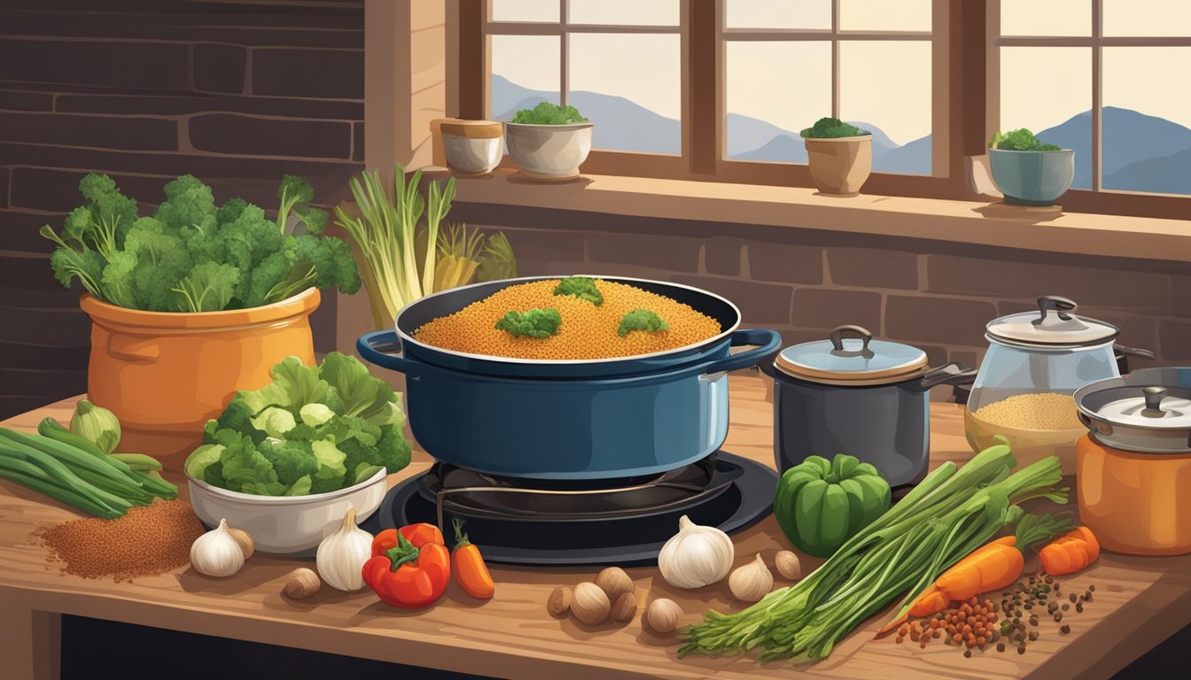 A rustic kitchen with a pot simmering on a stove, filled with colorful vegetables, quinoa, and Texan spices