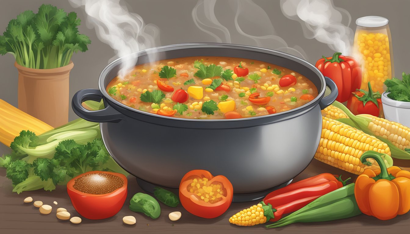 A steaming pot of Texas-style vegetable quinoa soup surrounded by colorful fresh ingredients like bell peppers, corn, and tomatoes, with a hint of spicy seasoning in the air