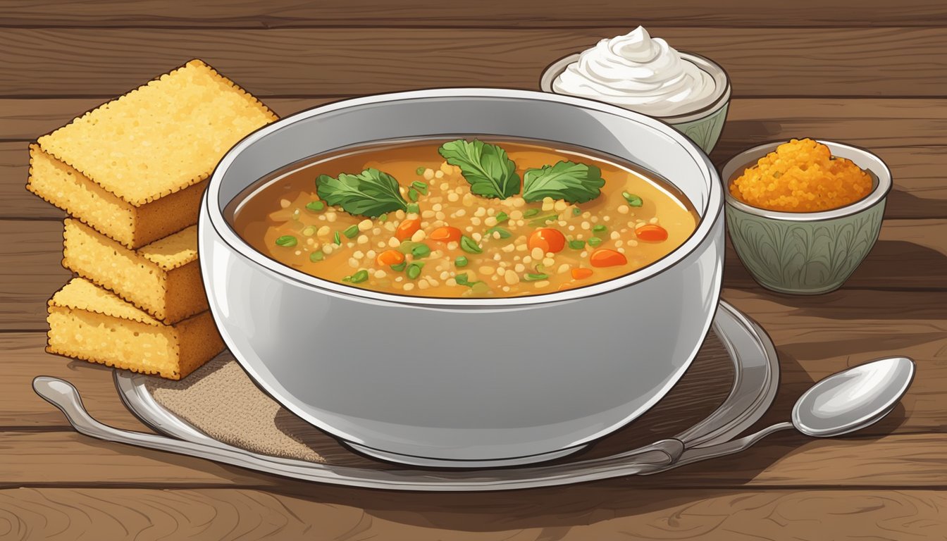 A steaming bowl of vegetable quinoa soup surrounded by cornbread and a dollop of sour cream on a rustic wooden table