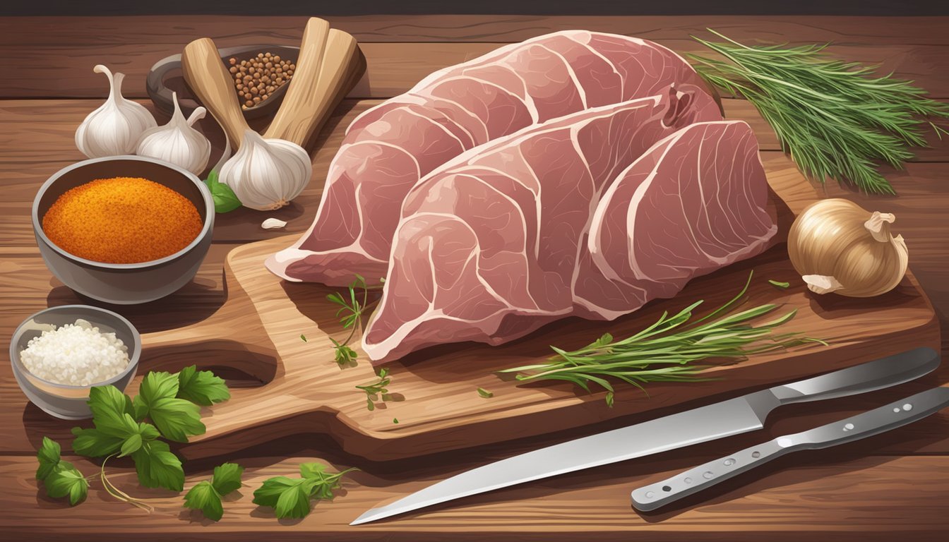 A rustic kitchen with a seasoned leg of lamb on a wooden cutting board, surrounded by fresh herbs, garlic, and spices