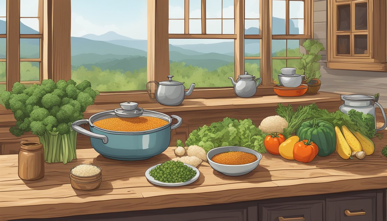 A rustic kitchen with a pot of steaming vegetable quinoa soup on a wooden countertop, surrounded by fresh Texas-grown produce