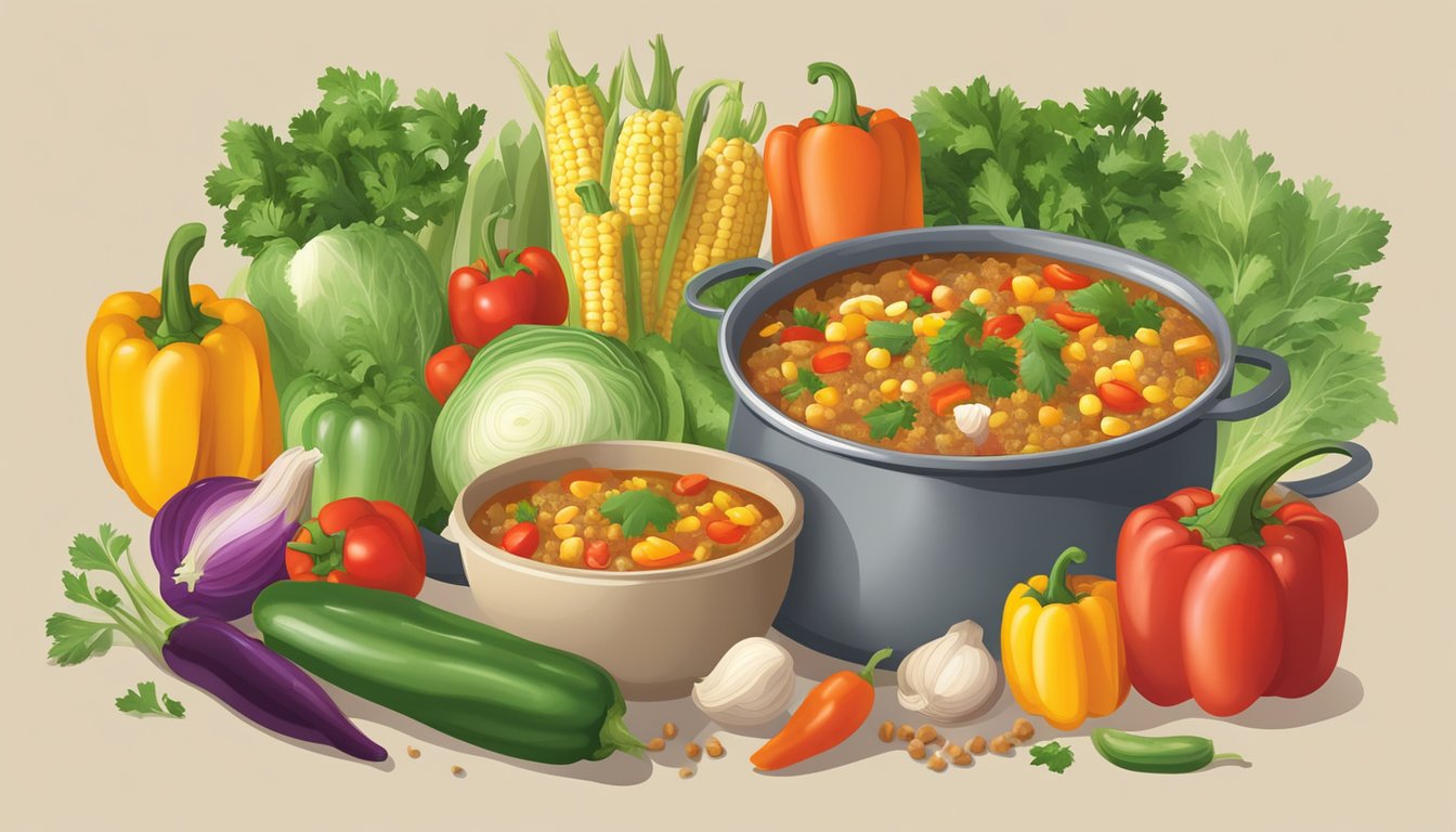 A steaming pot of Texas-style vegetable quinoa soup surrounded by colorful and fresh ingredients like bell peppers, corn, tomatoes, and cilantro