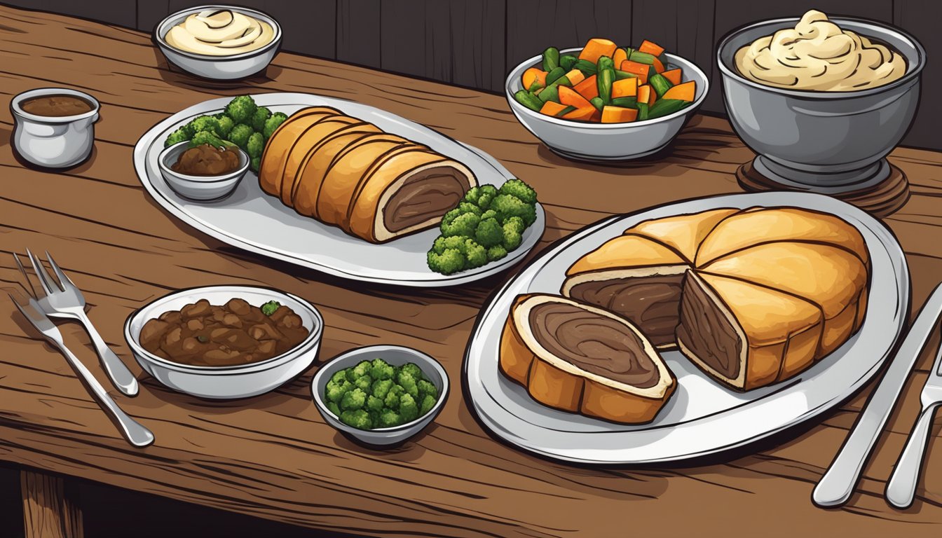 A rustic wooden table set with a platter of sliced venison wellington, alongside bowls of creamy mashed potatoes and grilled vegetables