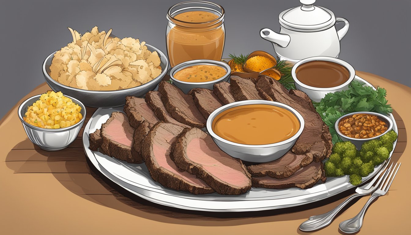 A platter of roasted leg of lamb with gravy and a side of Texas-style accompaniments