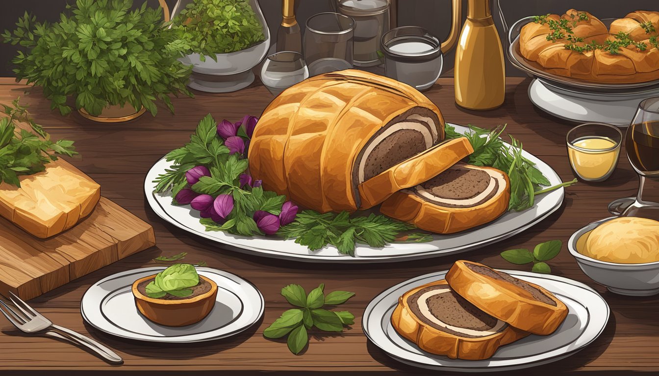 A rustic wooden table set with a platter of golden-brown, flaky venison wellington surrounded by fresh herbs and garnishes