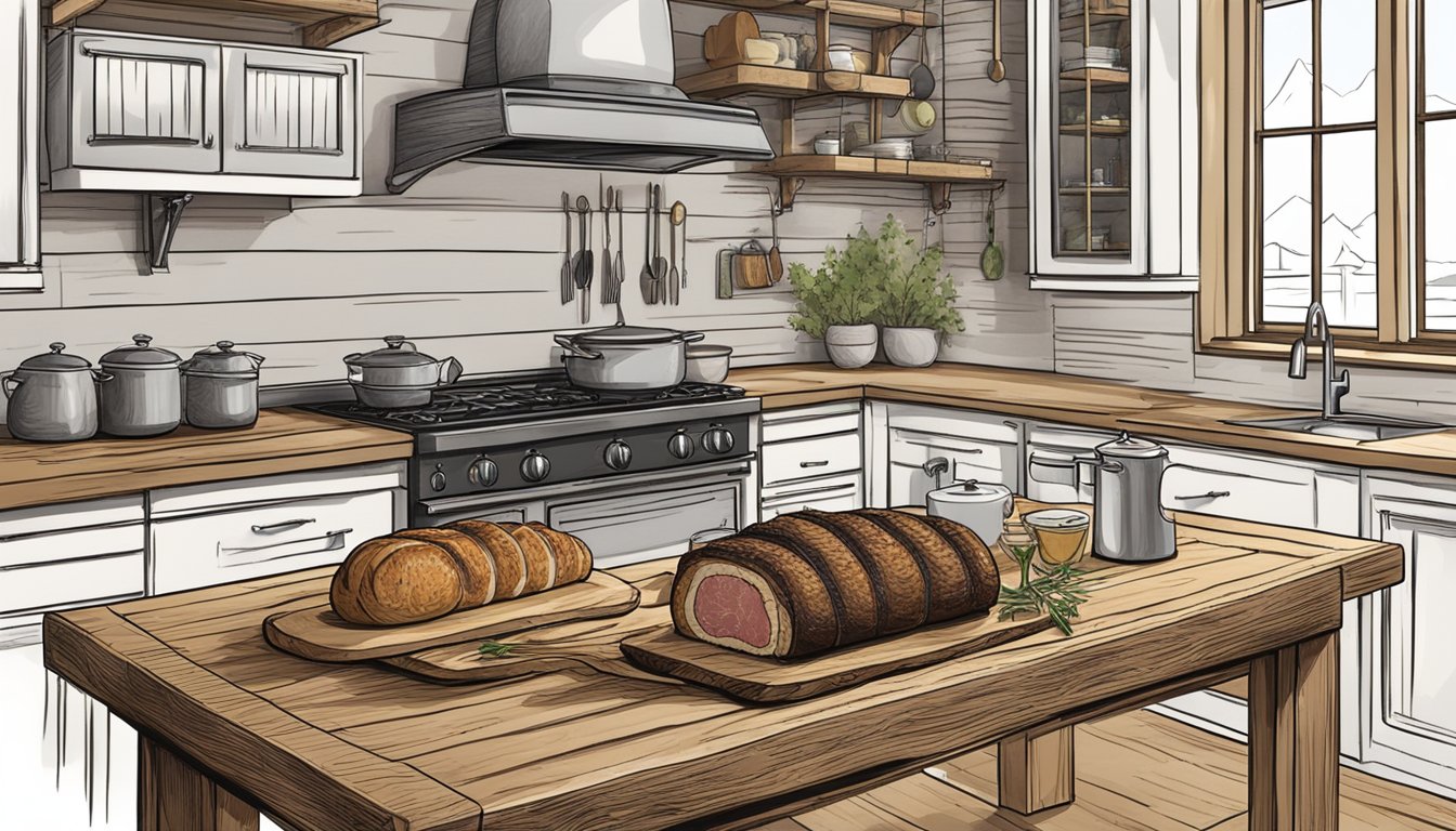 A rustic kitchen with a wooden butcher block, a Texas flag hanging on the wall, and a platter of venison wellington ready for serving