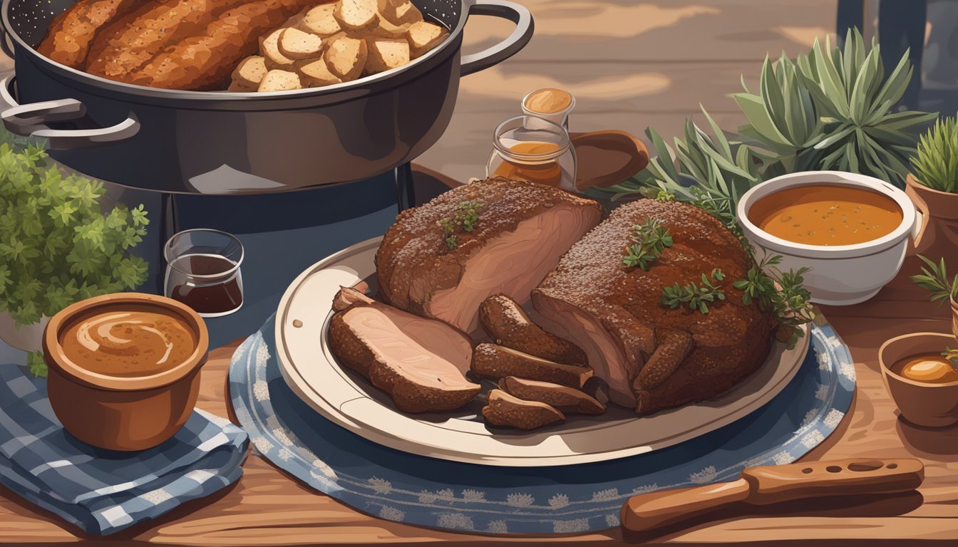 A rustic Texan outdoor barbecue with a succulent roast leg of lamb, surrounded by herbs and spices, with a pot of rich lamb gravy on the side