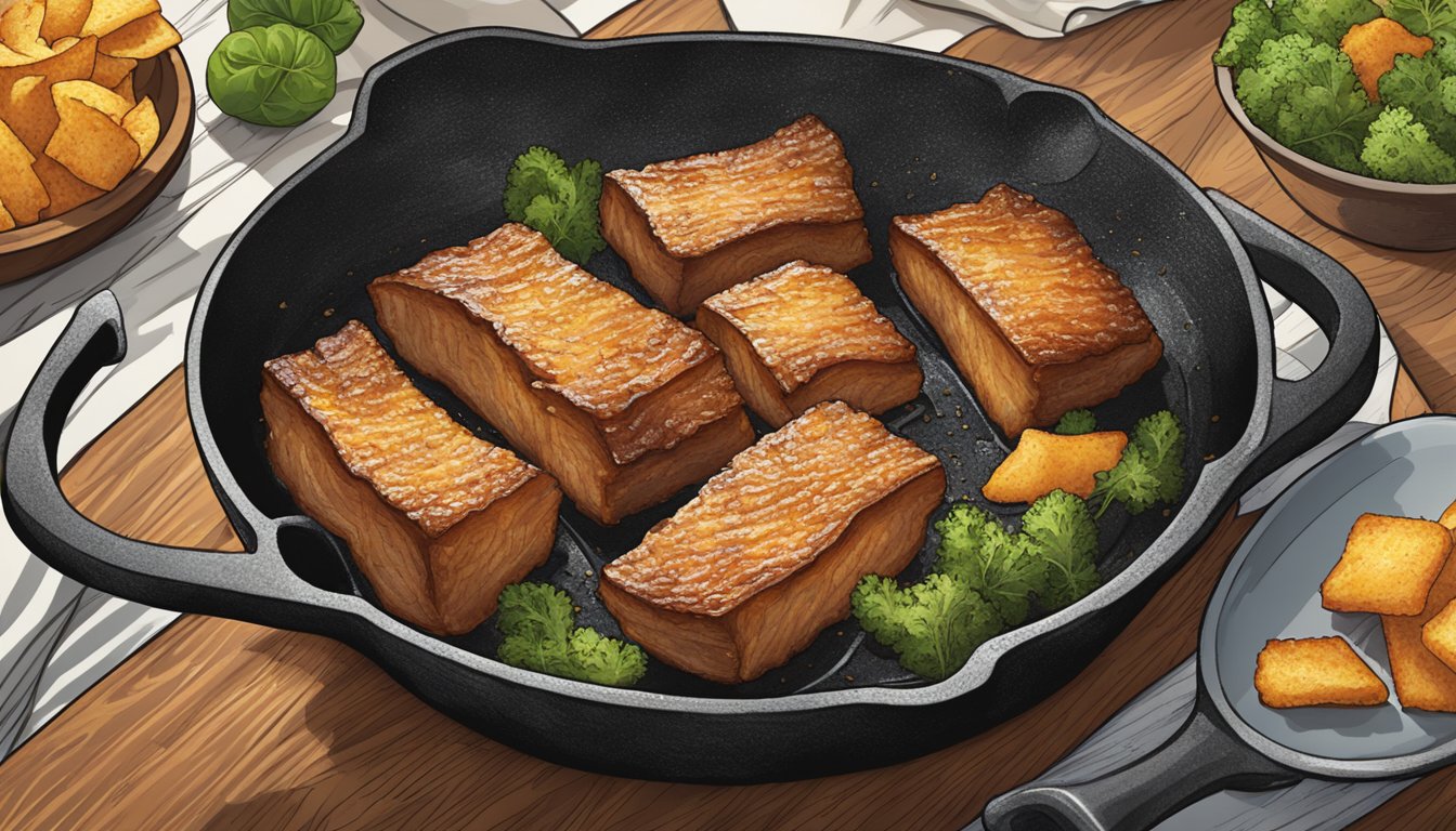 A sizzling pork belly crackles in a cast iron skillet, releasing its savory aroma as it crisps to perfection