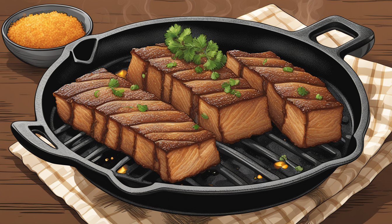 A sizzling cast iron skillet holds a perfectly cooked Texas style crispy pork belly, seasoned with flavorful spices and herbs