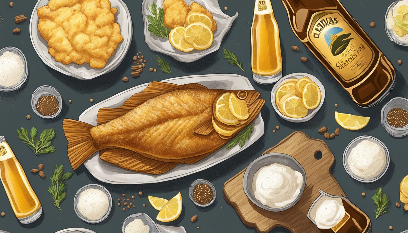 A golden-brown cod fillet sizzling in a bubbling beer batter, surrounded by bottles of Texas-style beer and a scattering of ingredients like flour and spices