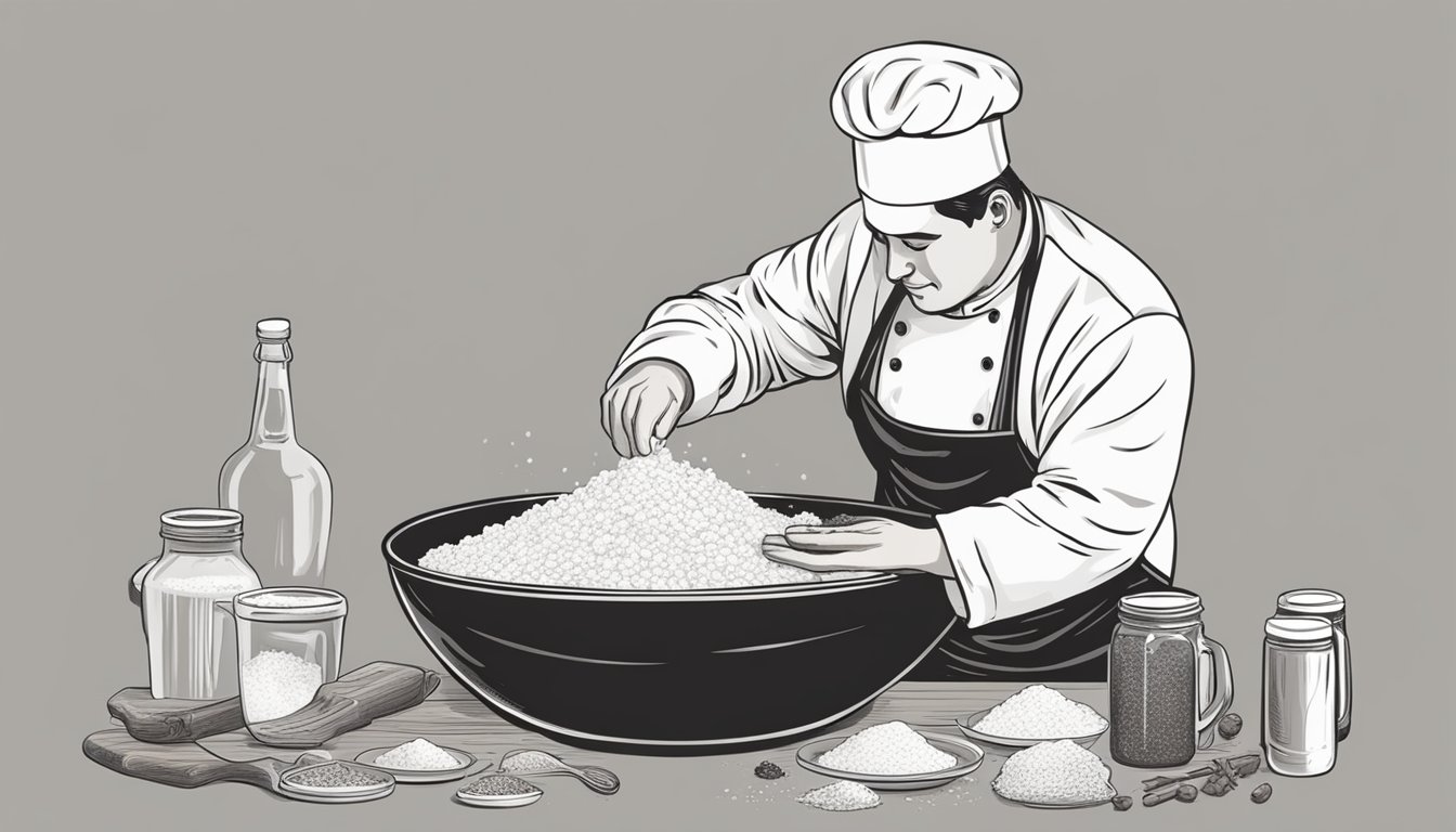 A chef pours a bottle of beer into a mixing bowl filled with flour and spices, preparing to coat pieces of cod for frying