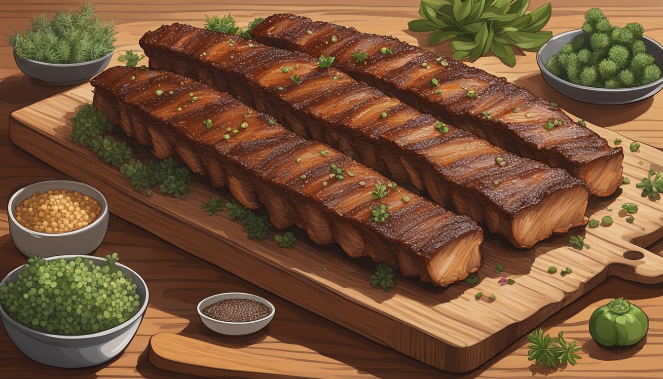 A platter of succulent Texas-style baby back ribs rests on a wooden cutting board, surrounded by a sprinkle of herbs and spices