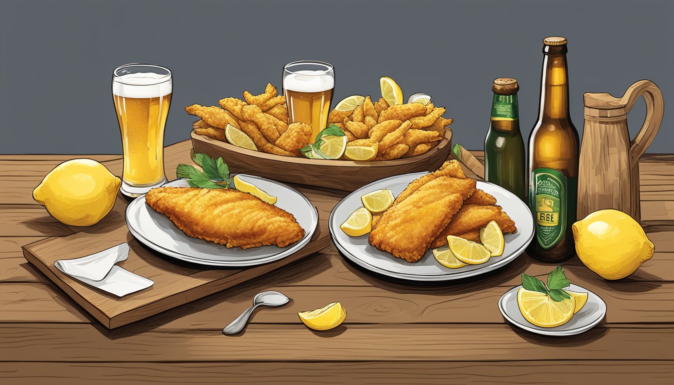 A rustic wooden table set with a platter of golden, crispy beer-battered cod, surrounded by bottles of beer and fresh lemon wedges