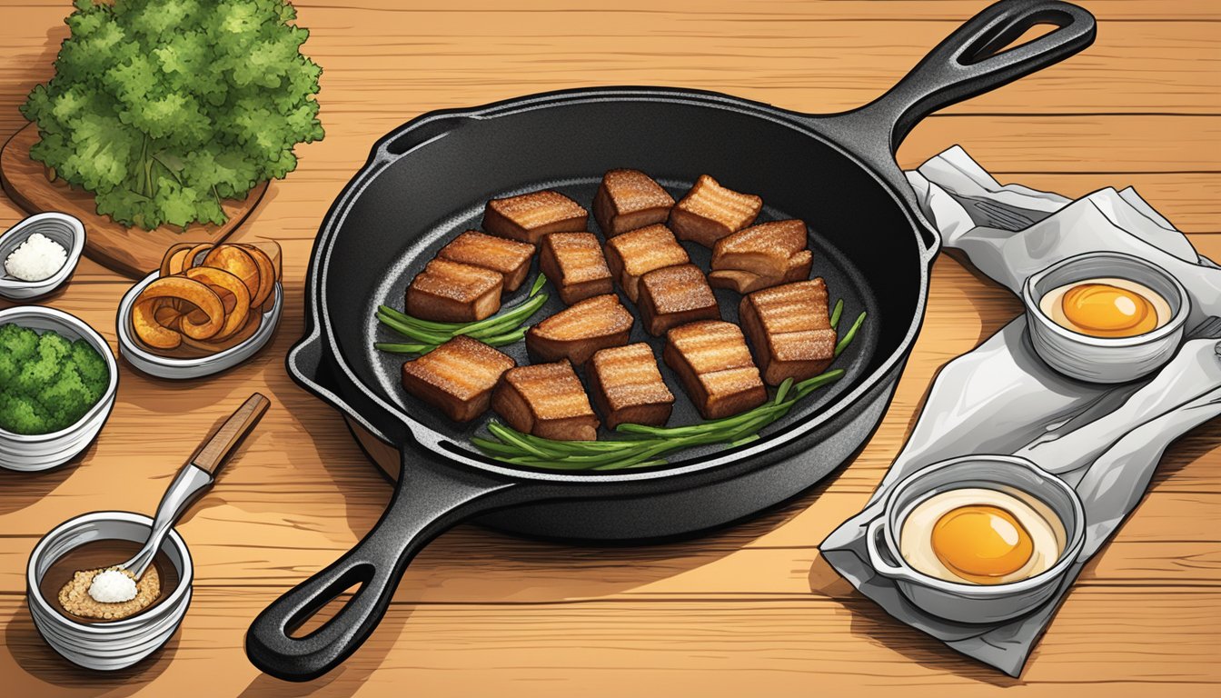 A sizzling cast iron skillet with a perfectly cooked Texas-style crispy pork belly, seasoned and glistening with flavor